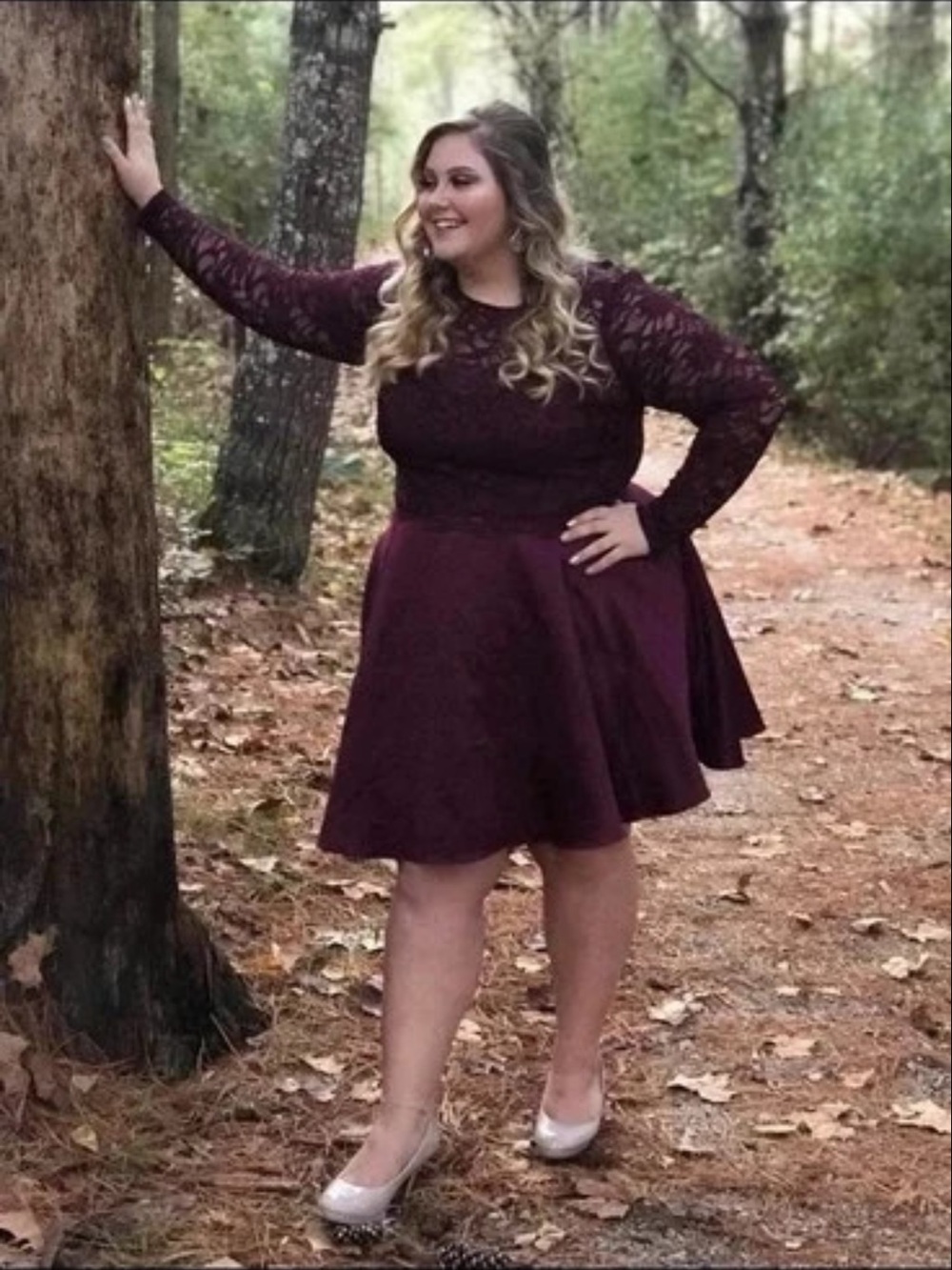 City Triangles Plum Lace Fit-and-Flare Prom Dress